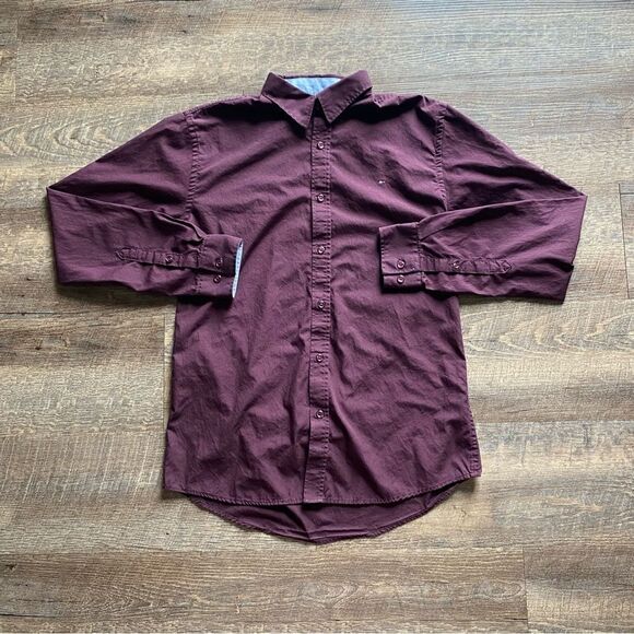Tommy Hilfiger Button Down Shirt Slim Fit Maroon Medium Burgundy - Picture 2 of 8